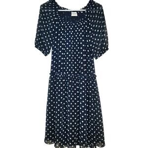 Georges Rech Paris Navy Polka Dot Midi Dress Quiet Luxury A-Line Ruffles Size 8
